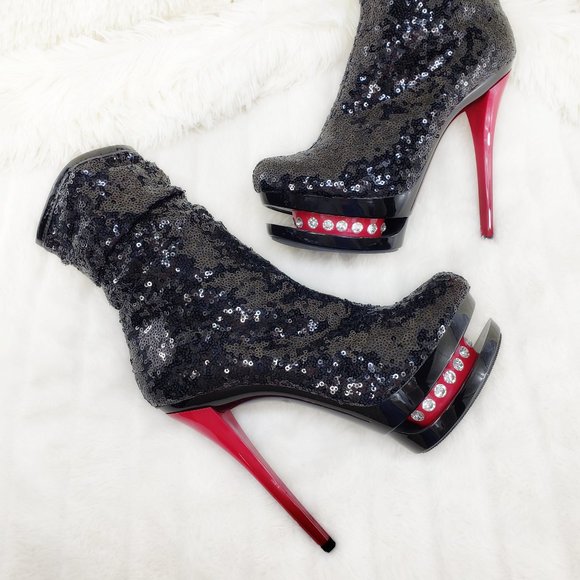 Pleaser Sexy Black Sequin Red High Heel Slouch Ankle Boots Blondie 1009 - Picture 11 of 15